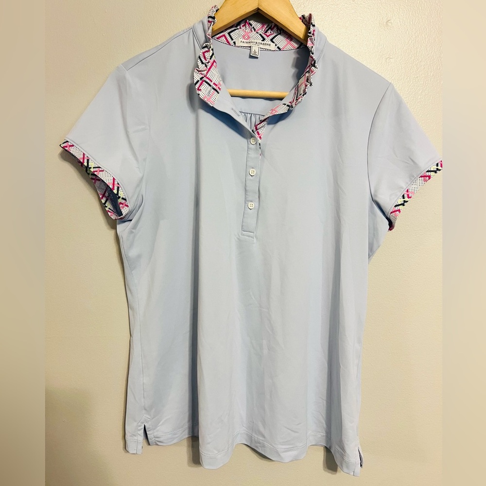 *** Fairway & Greene Women's Light Blue Polo Shirt with Patterned Trim